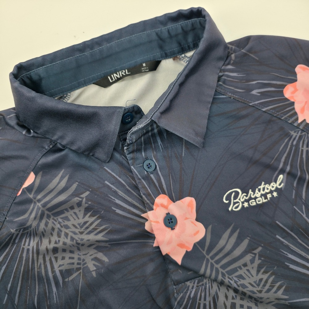 UNRL Barstool Golf Mens Navy Pink Floral Tropical Polo Shirt Medium M